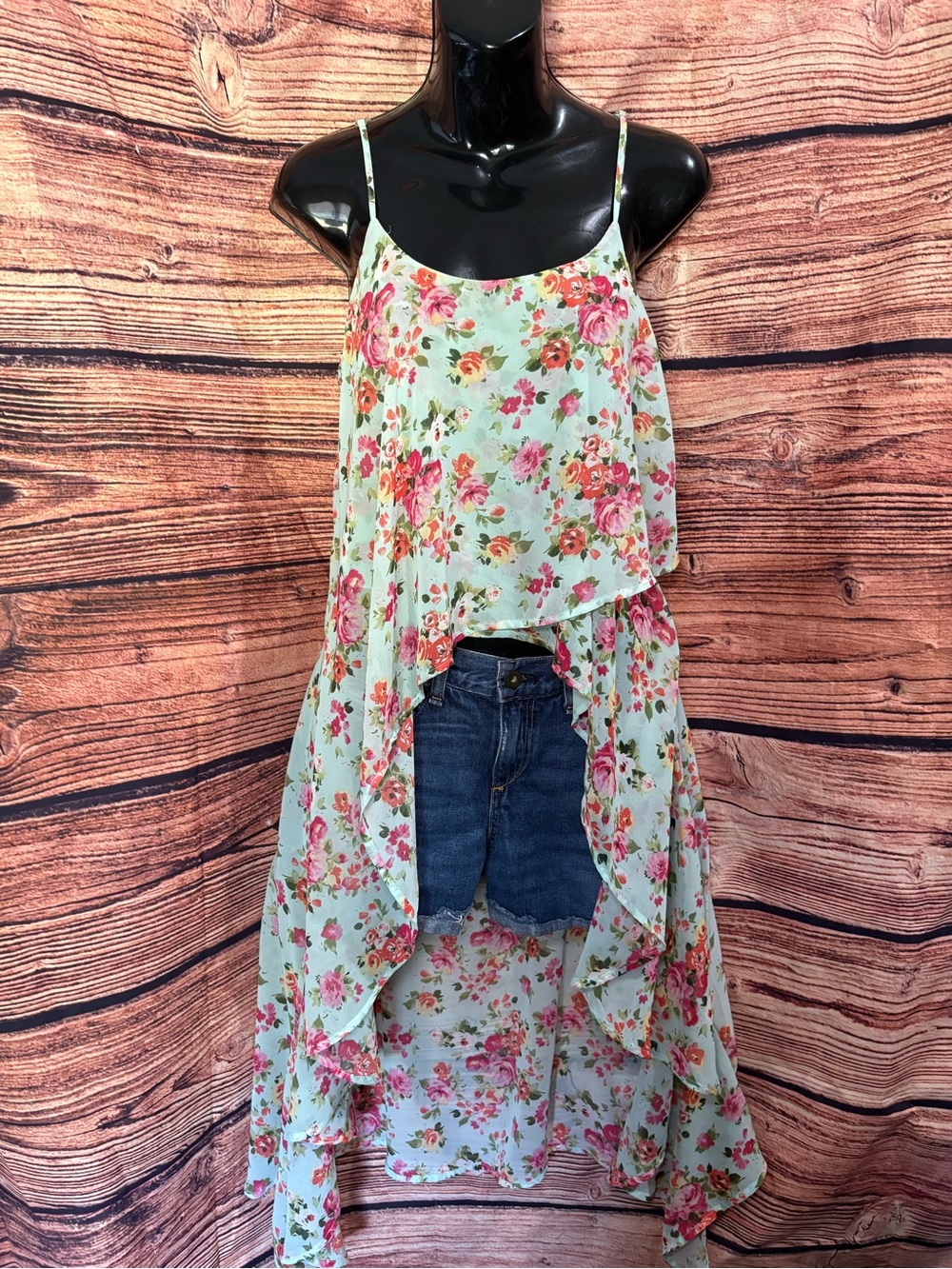 Almost Famous Mint Floral Layered High-Low Spaghetti Strap Dress